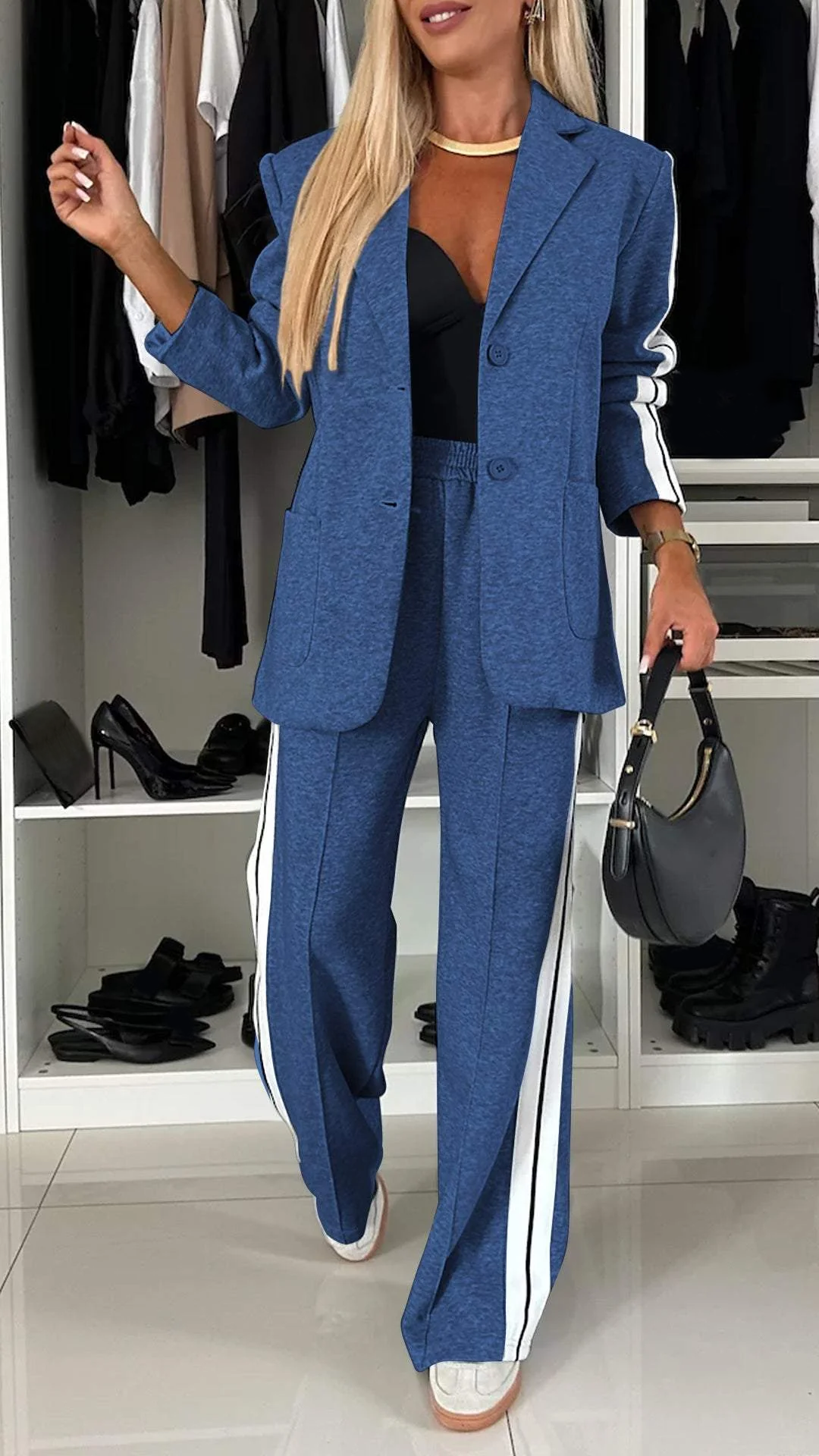 Women's Two-Piece Set Side-Stripe Blazer Wide-Leg Track Pants Athleisure