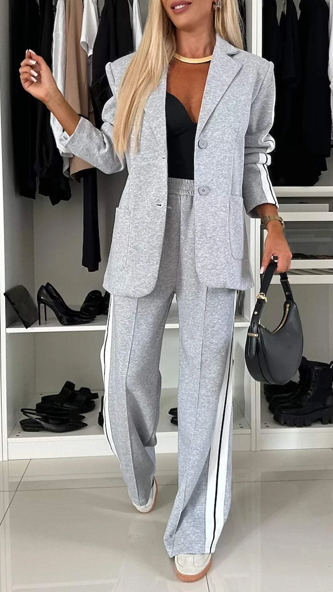 Women's Two-Piece Set Side-Stripe Blazer Wide-Leg Track Pants Athleisure