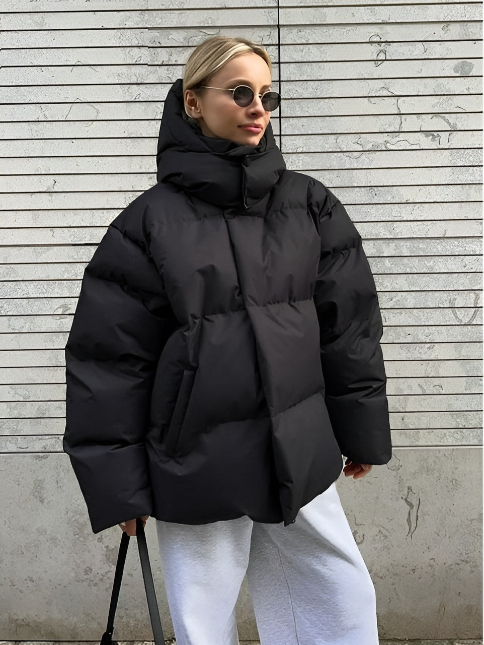 Women's Oversized Hooded Puffer Jacket Stand Collar Full-Zip Chunky