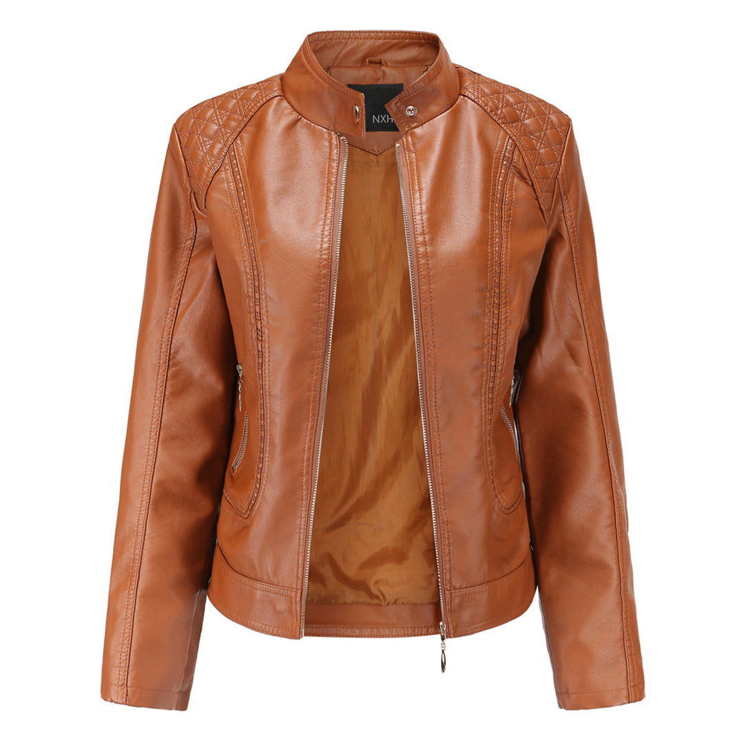 Women's Faux Leather Moto Jacket Stand Collar Zip-Up Quilted Shoulder