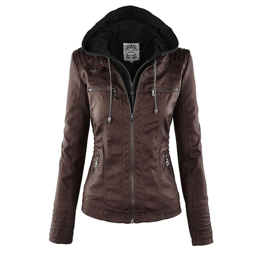Women's Faux Leather Moto Jacket Band Collar Zip-Up Fitted Hooded