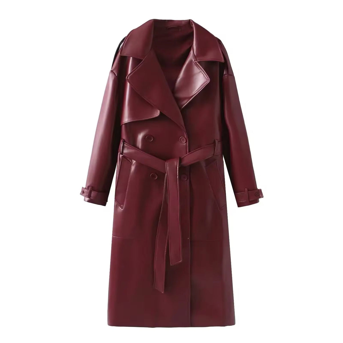 Women's Faux Leather Trench Coat Double-Breasted Belted Longline Elegant