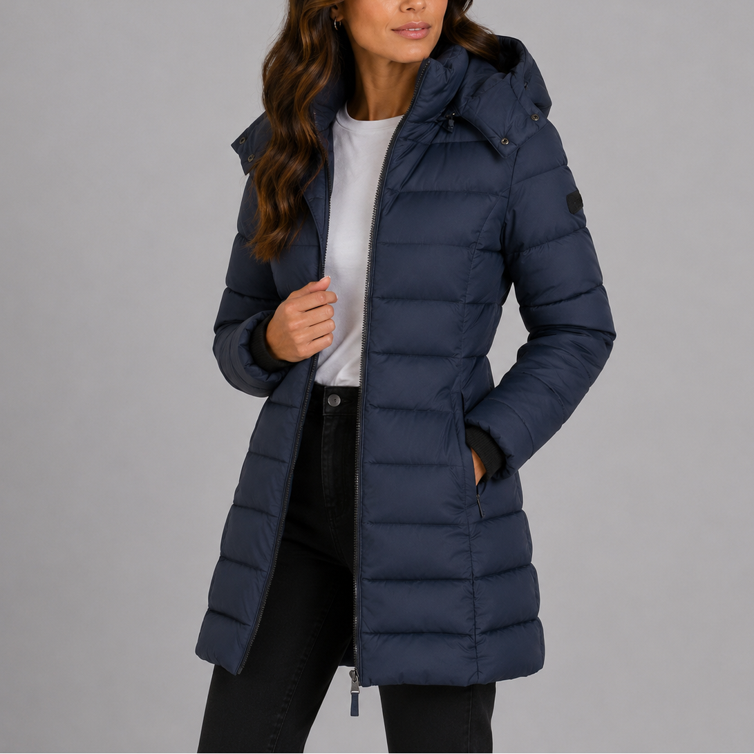 Women's Hooded Quilted Puffer Jacket Fitted Longline Full-Zip Slim