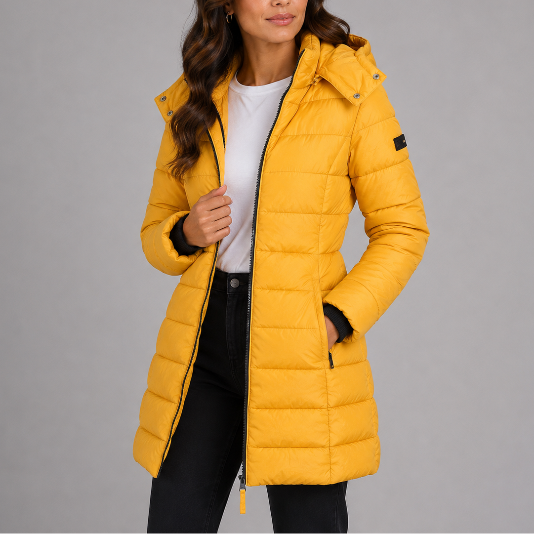 Women's Hooded Quilted Puffer Jacket Fitted Longline Full-Zip Slim