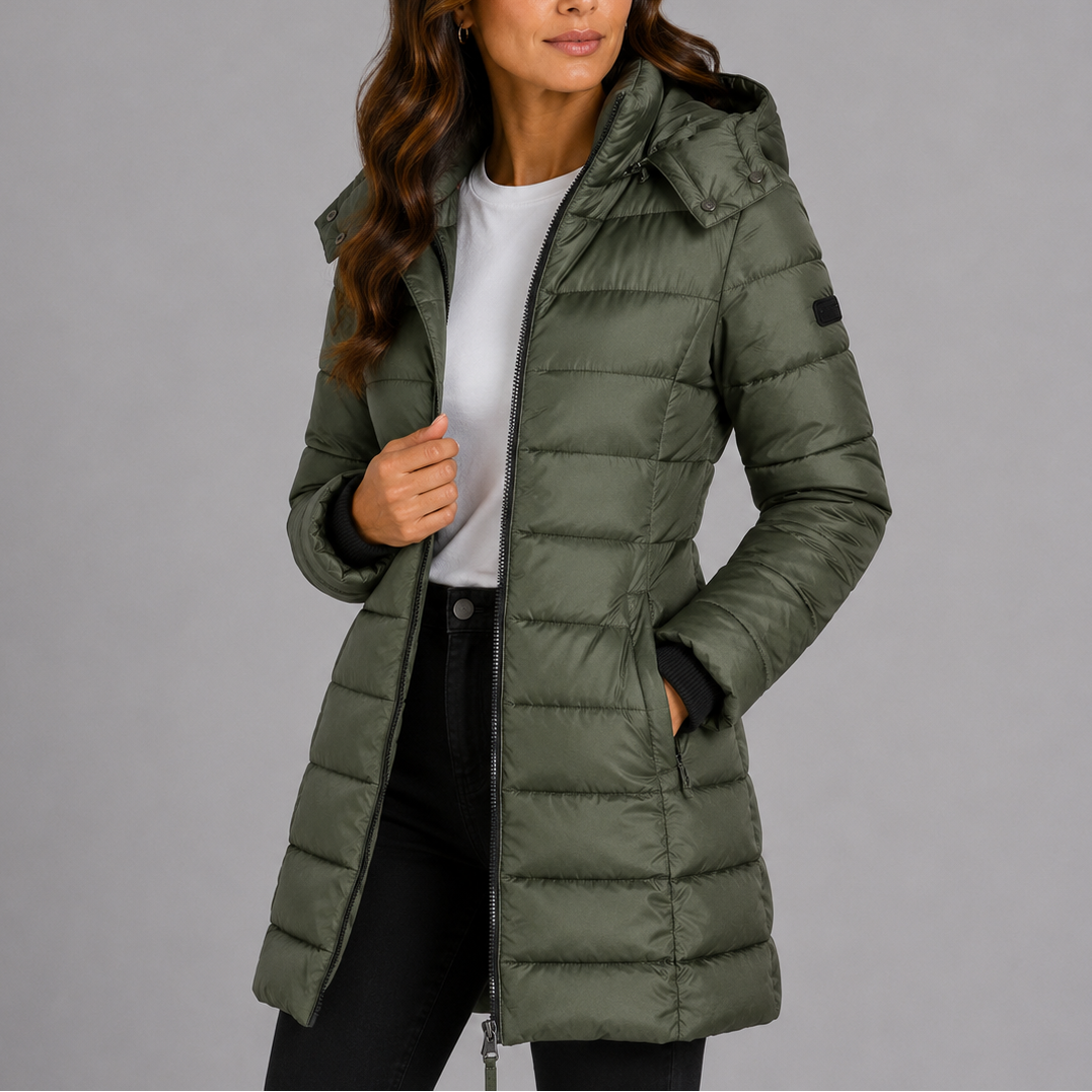Women's Hooded Quilted Puffer Jacket Fitted Longline Full-Zip Slim