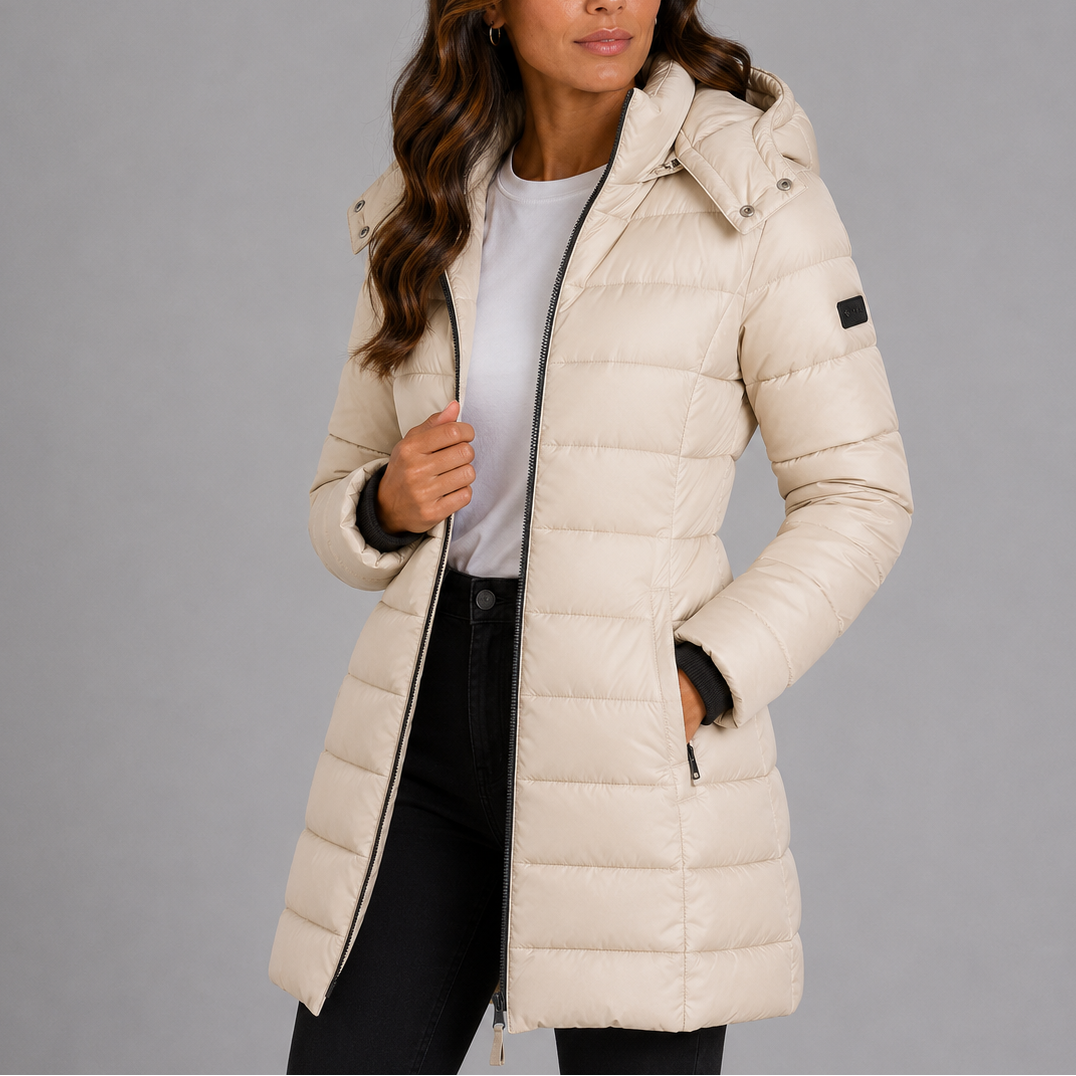 Women's Hooded Quilted Puffer Jacket Fitted Longline Full-Zip Slim