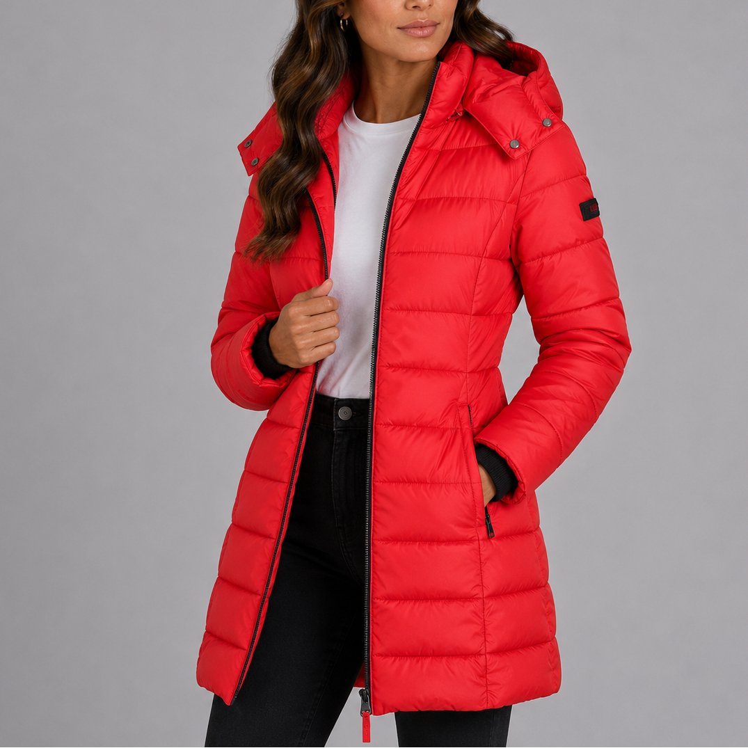 Women's Hooded Quilted Puffer Jacket Fitted Longline Full-Zip Slim