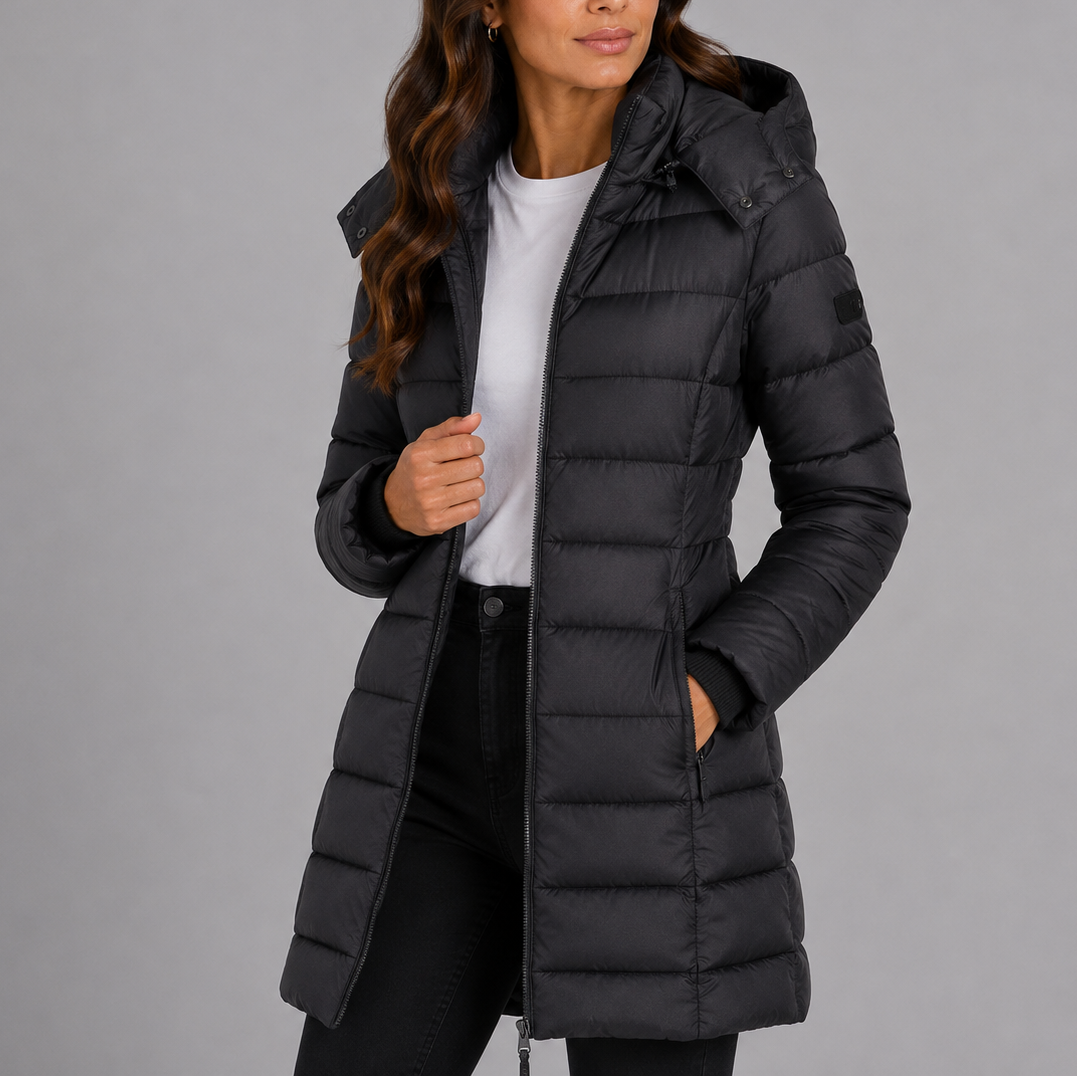 Women's Hooded Quilted Puffer Jacket Fitted Longline Full-Zip Slim