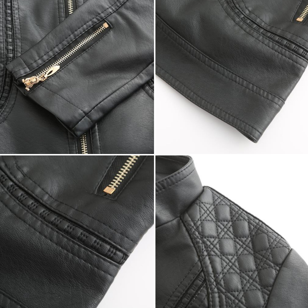 Women's Faux Leather Moto Jacket Stand Collar Zip-Up Quilted Shoulder