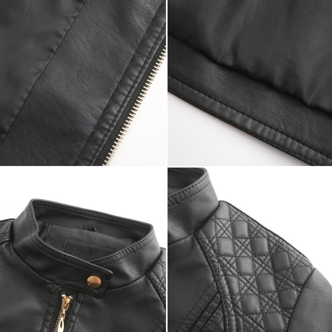 Women's Faux Leather Moto Jacket Stand Collar Zip-Up Quilted Shoulder