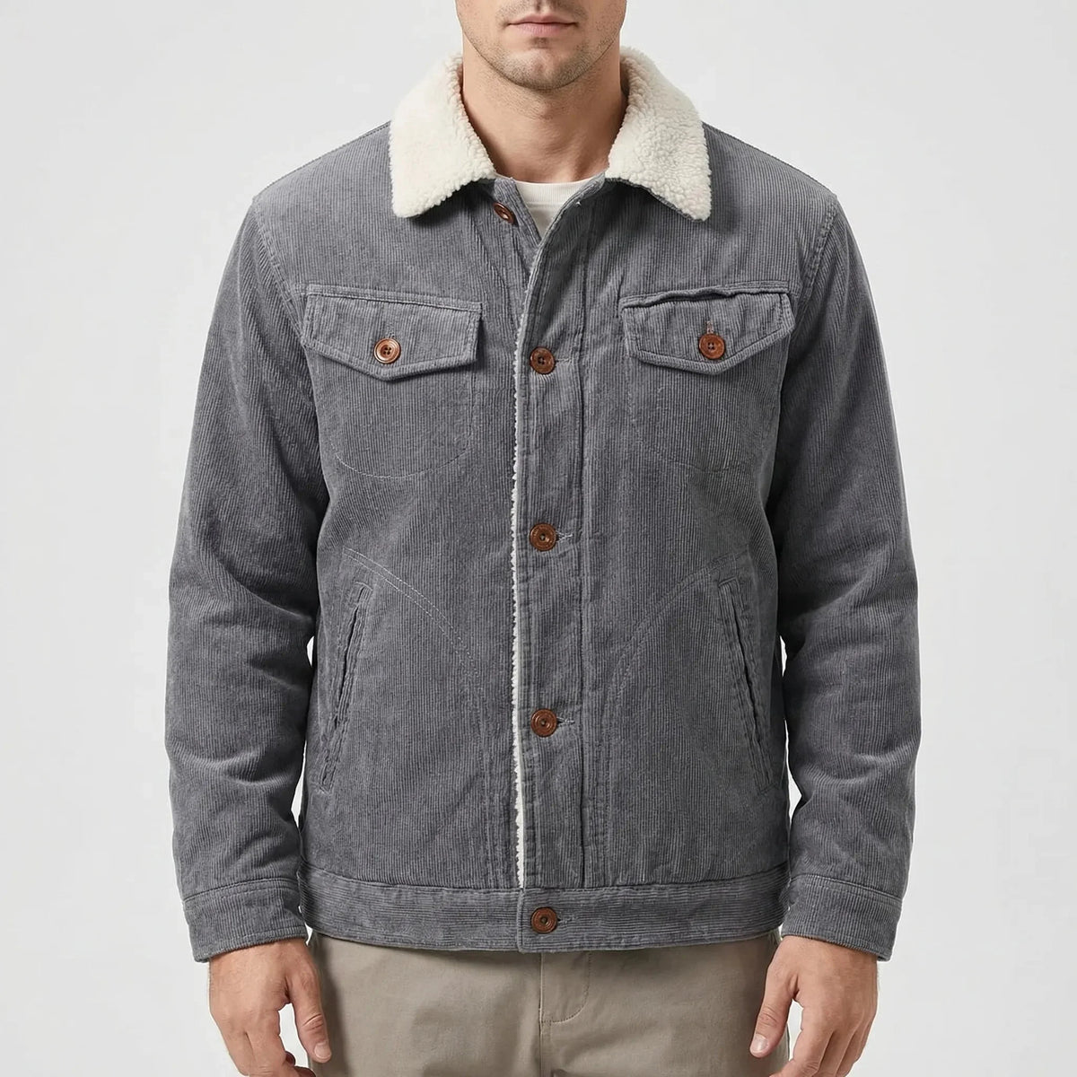Men's Corduroy Sherpa-Lined Trucker Jacket Faux-Fur Collar Button-Front Warm