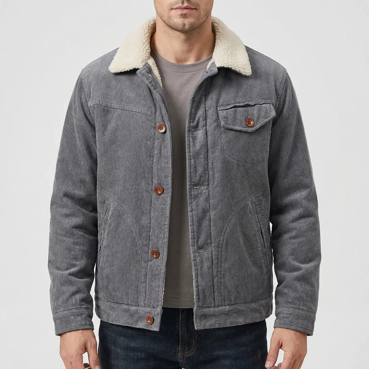 Men's Corduroy Sherpa-Lined Trucker Jacket Faux-Fur Collar Button-Front Warm