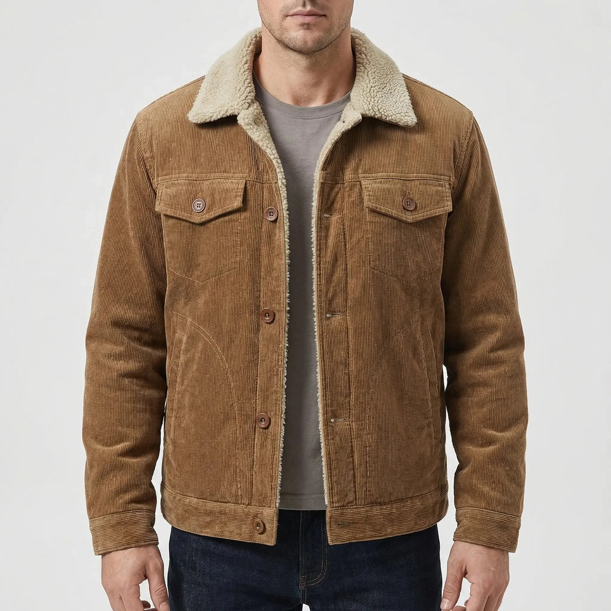 Men's Corduroy Sherpa-Lined Trucker Jacket Faux-Fur Collar Button-Front Warm