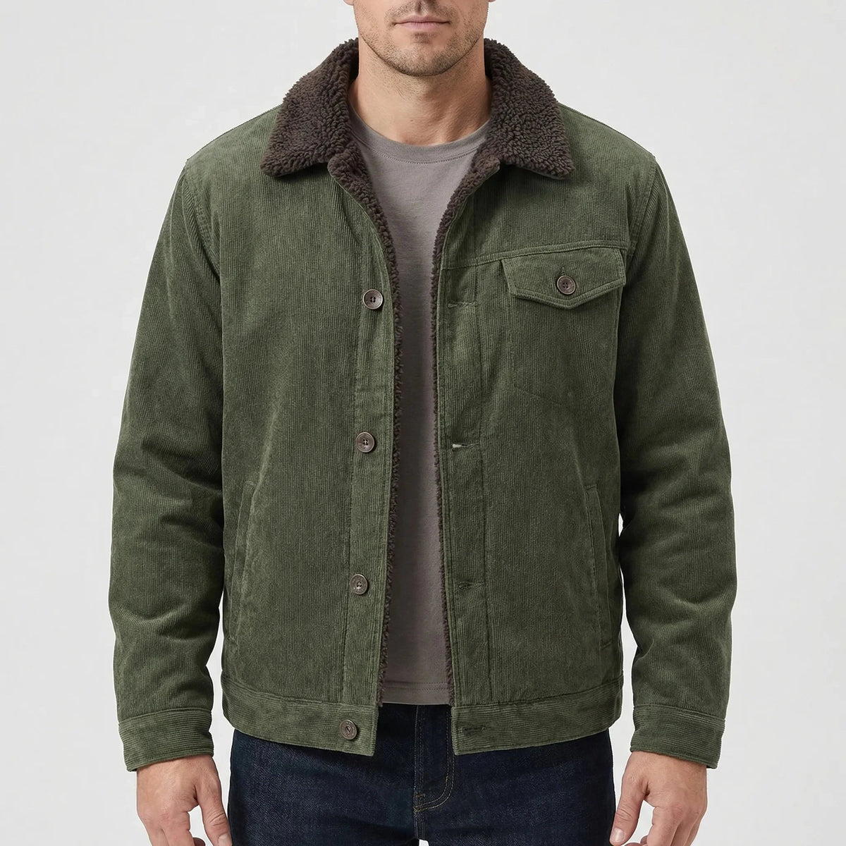 Men's Corduroy Sherpa-Lined Trucker Jacket Faux-Fur Collar Button-Front Warm