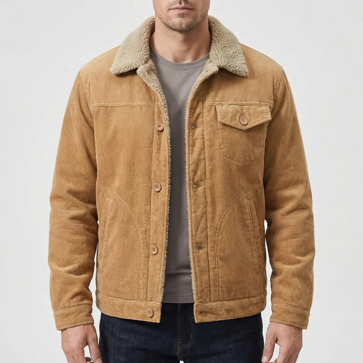 Men's Corduroy Sherpa-Lined Trucker Jacket Faux-Fur Collar Button-Front Warm