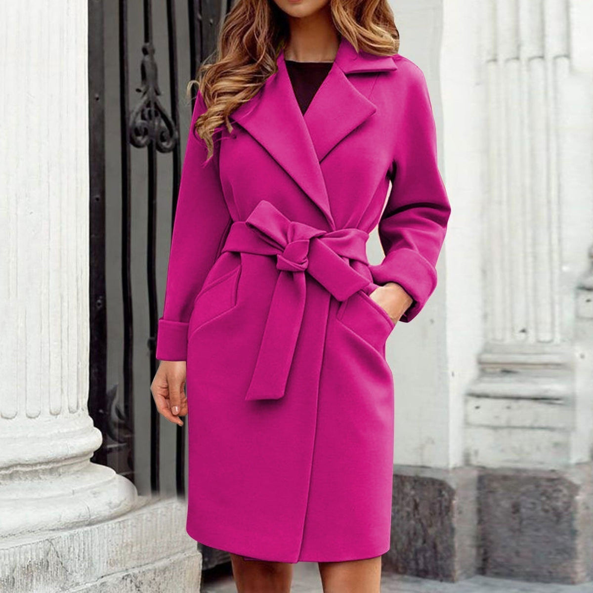 Women's Wool Blend Belted Coat Notch Lapel Wrap Mid-Length