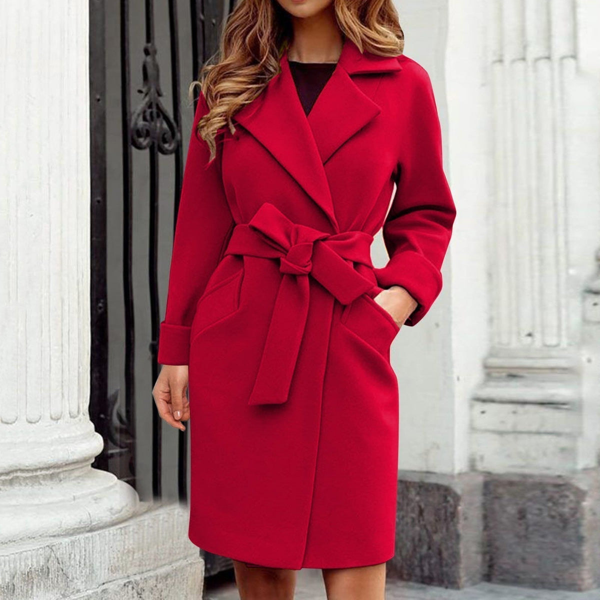 Women's Wool Blend Belted Coat Notch Lapel Wrap Mid-Length
