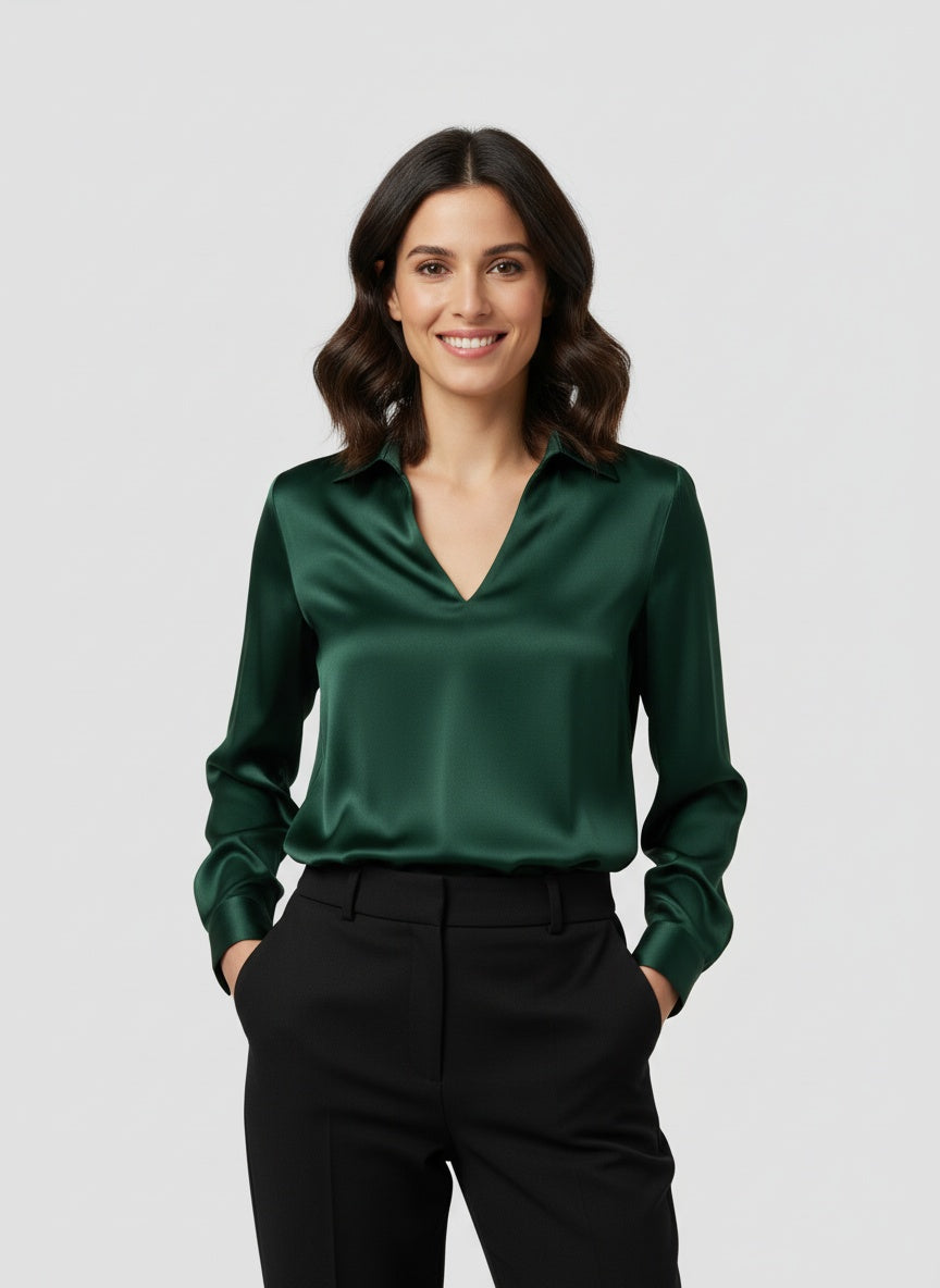 Women's Satin Blouse V-Neck Collared Long-Sleeve Flowy Relaxed Elegant