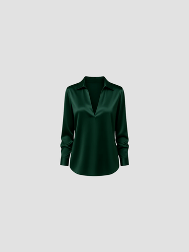 Women's Satin Blouse V-Neck Collared Long-Sleeve Flowy Relaxed Elegant