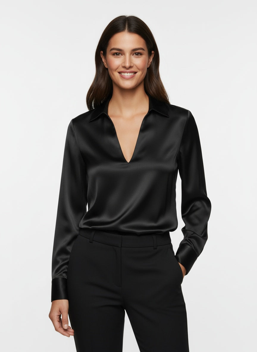 Women's Satin Blouse V-Neck Collared Long-Sleeve Flowy Relaxed Elegant