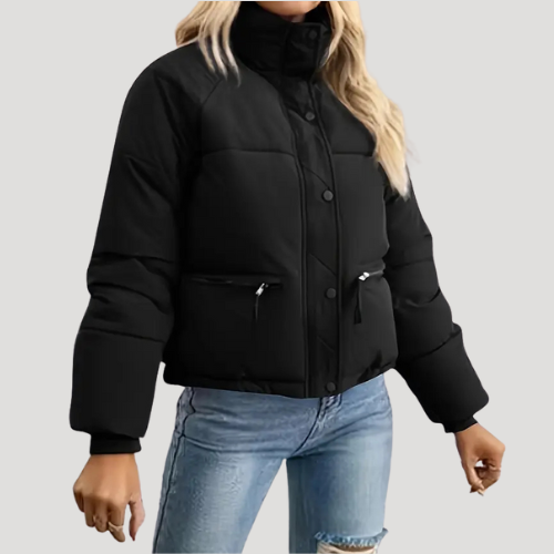 Women's Quilted Puffer Jacket Stand Collar Zip-Up Cropped Boxy