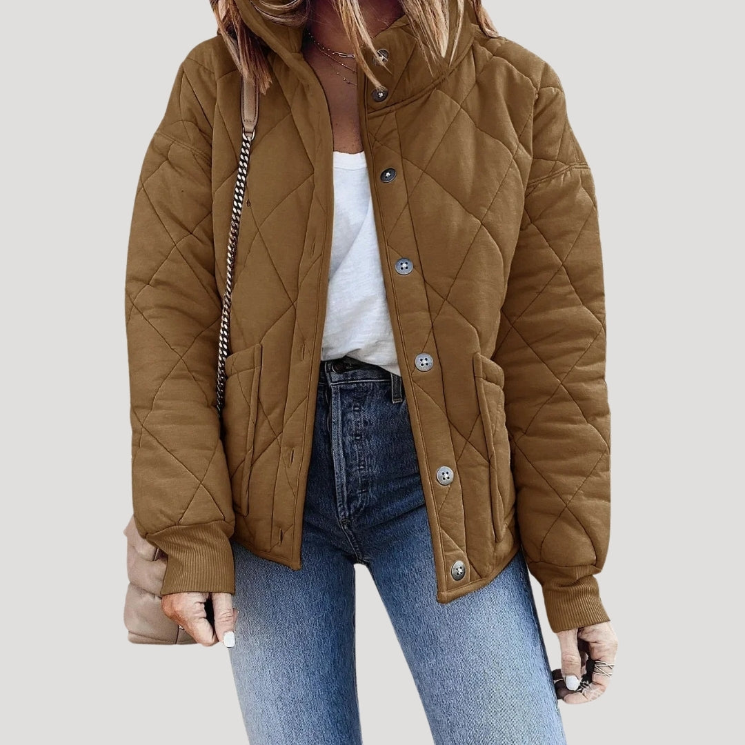 Women's Quilted Puffer Jacket Stand Collar Zip-Up Cropped Boxy
