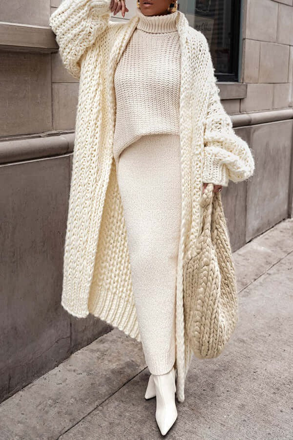 Women's Chunky Wool Knit Cardigan Longline Open-Front Oversized Hand-Knit