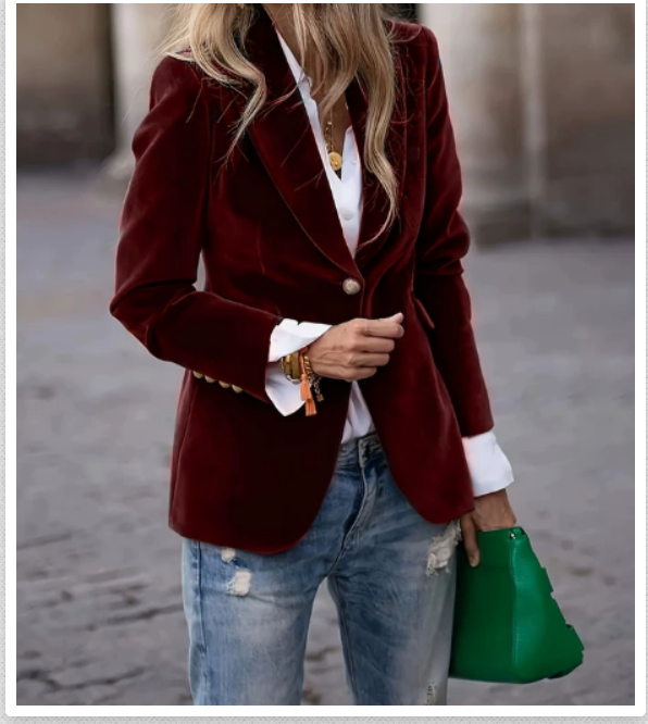 Women's Velvet Blazer Single-Button Peak Lapel Gold-Button Fitted Tailored
