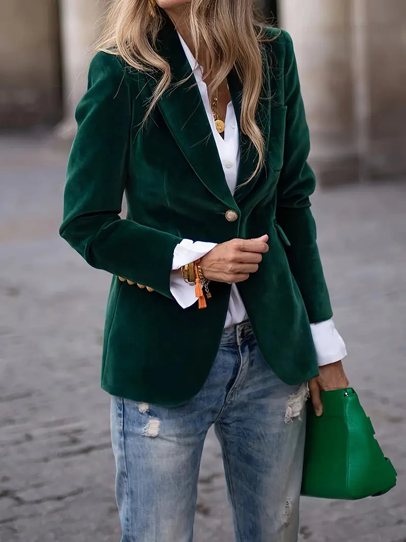 Women's Velvet Blazer Single-Button Peak Lapel Gold-Button Fitted Tailored