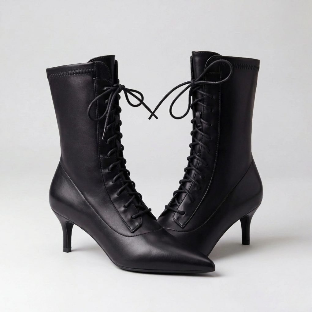 Women's Black Leather Lace-Up Boots Pointed-Toe Kitten-Heel Mid-Calf