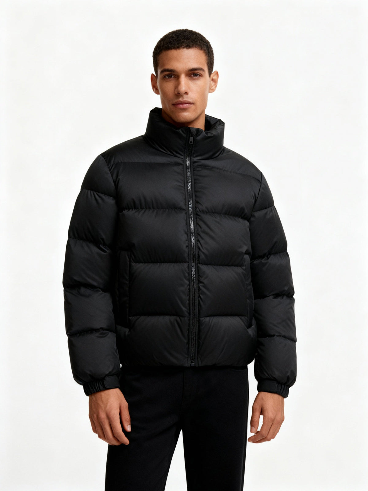 Men's Duck Down Puffer Jacket Stand Collar Full-Zip Warm Boxy