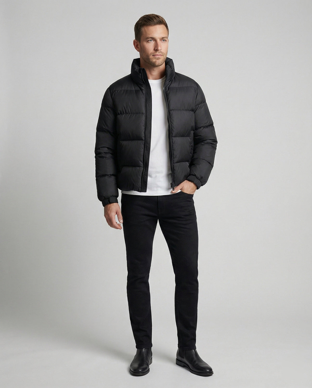 Men's Duck Down Puffer Jacket Stand Collar Full-Zip Warm Boxy