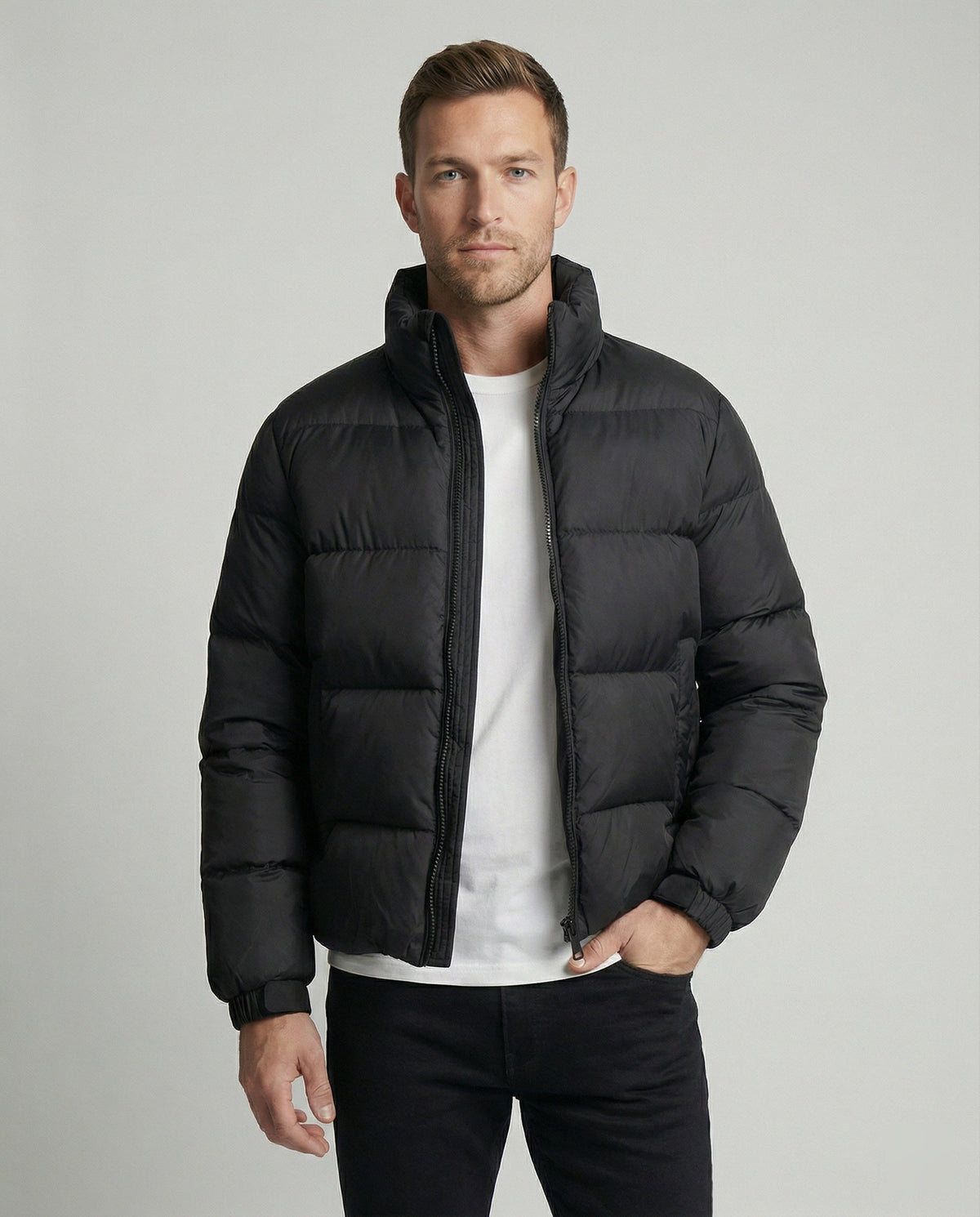 Men's Duck Down Puffer Jacket Stand Collar Full-Zip Warm Boxy