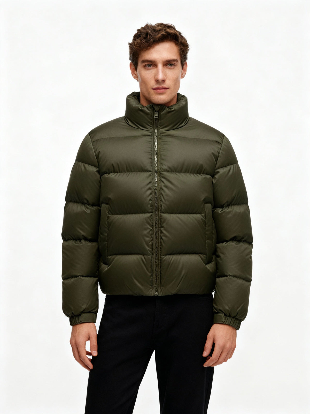 Men's Duck Down Puffer Jacket Stand Collar Full-Zip Warm Boxy