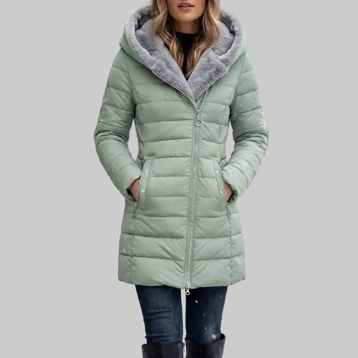 Women's Padded Hooded Puffer Coat Faux-Fur-Lined Mid-Length Fitted
