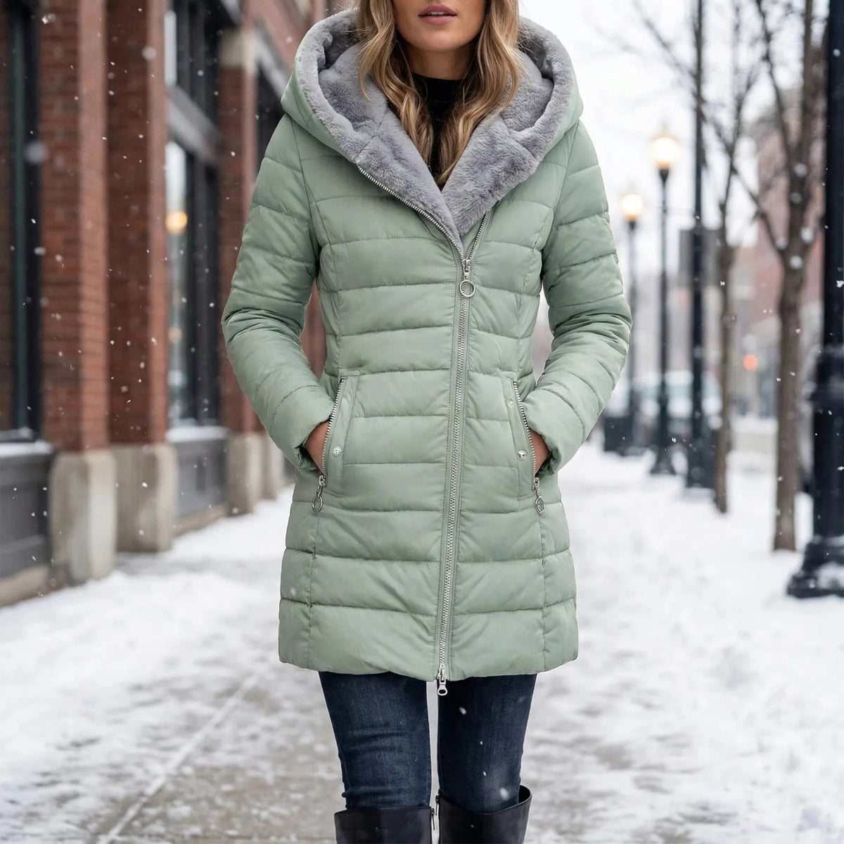 Women's Padded Hooded Puffer Coat Faux-Fur-Lined Mid-Length Fitted