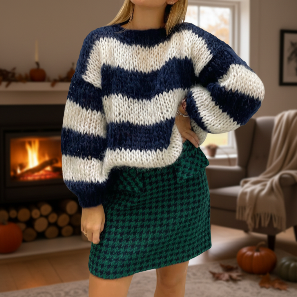 Women's Chunky Knit Sweater Wide Stripe Crewneck Balloon-Sleeve Oversized Relaxed