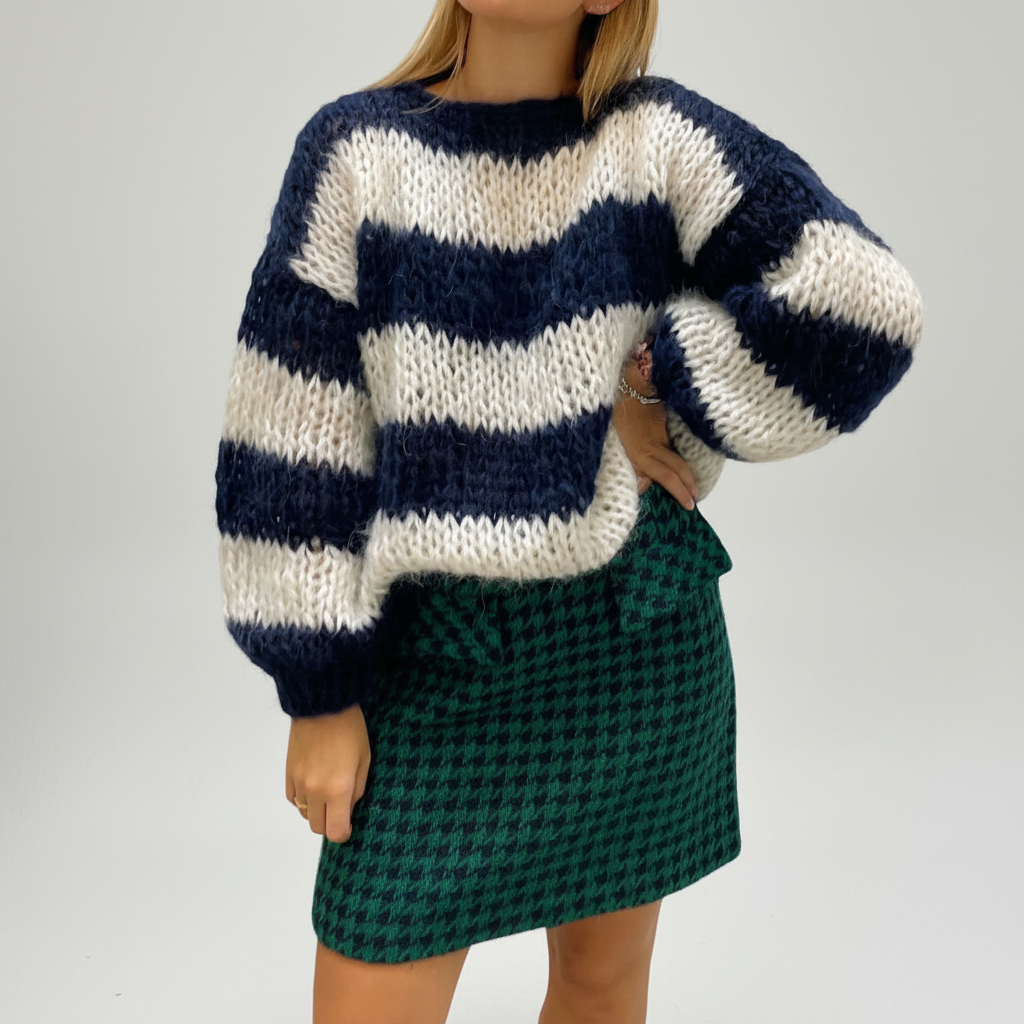 Women's Chunky Knit Sweater Wide Stripe Crewneck Balloon-Sleeve Oversized Relaxed