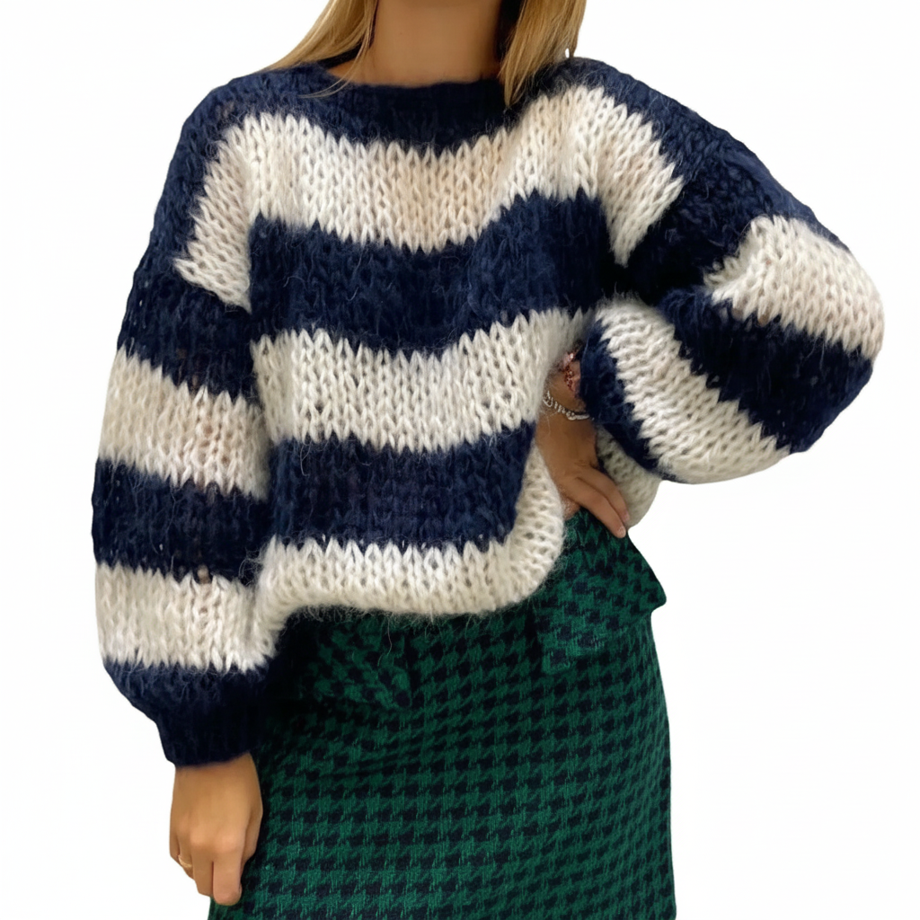 Women's Chunky Knit Sweater Wide Stripe Crewneck Balloon-Sleeve Oversized Relaxed