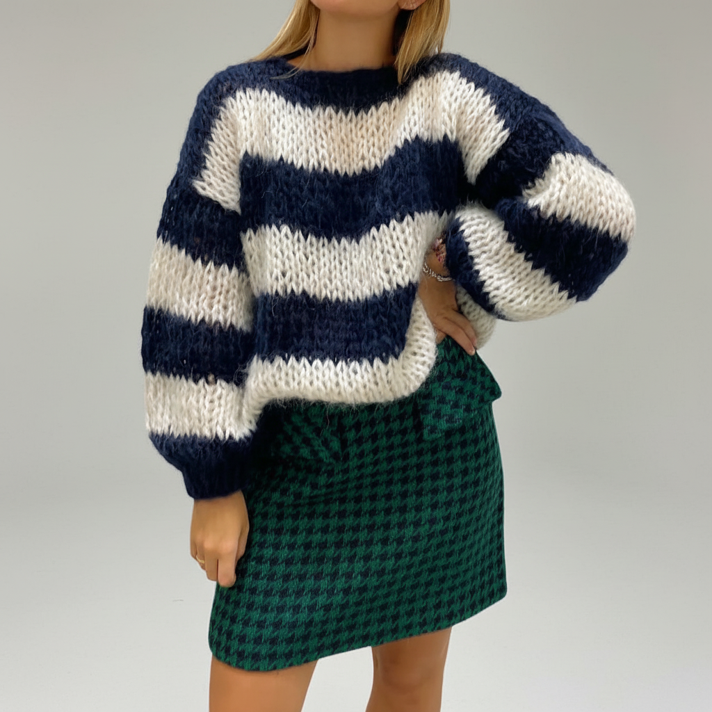 Women's Chunky Knit Sweater Wide Stripe Crewneck Balloon-Sleeve Oversized Relaxed