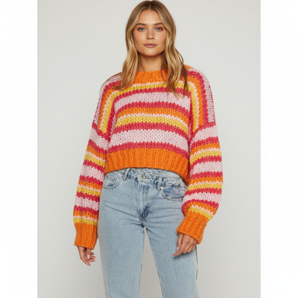 Women's Chunky Knit Sweater Wide Stripe Crewneck Balloon-Sleeve Oversized Relaxed