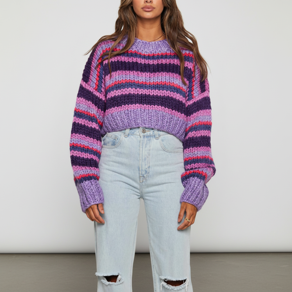 Women's Chunky Knit Sweater Wide Stripe Crewneck Balloon-Sleeve Oversized Relaxed