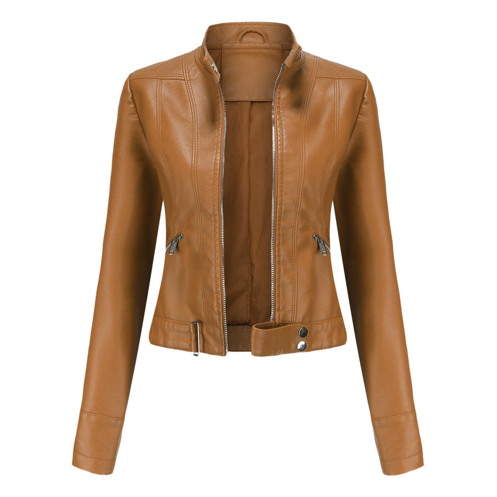 Women's Faux Leather Biker Jacket Stand Collar Zip-Up Fitted Moto