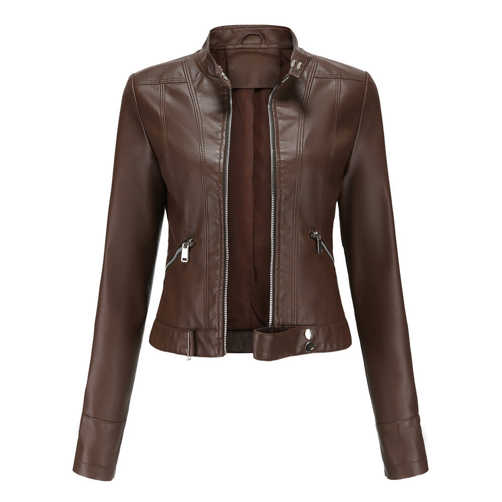 Women's Faux Leather Biker Jacket Stand Collar Zip-Up Fitted Moto