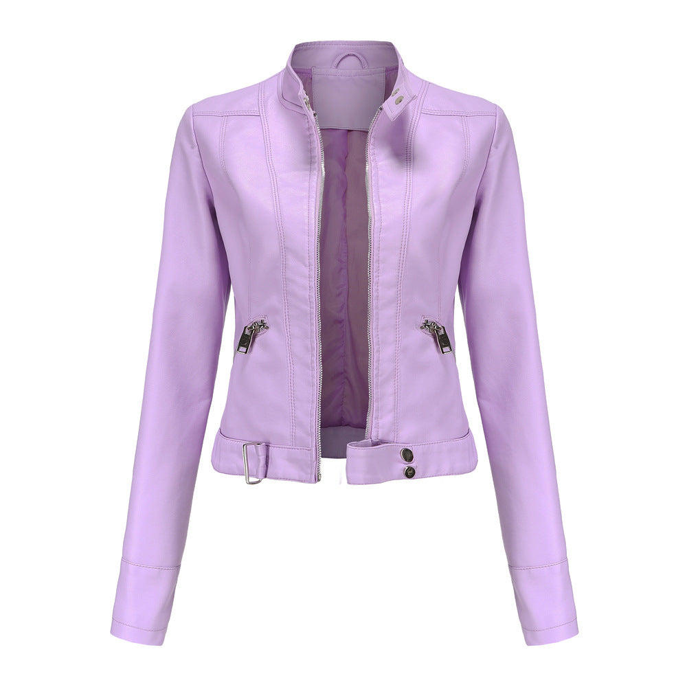 Women's Faux Leather Biker Jacket Stand Collar Zip-Up Fitted Moto