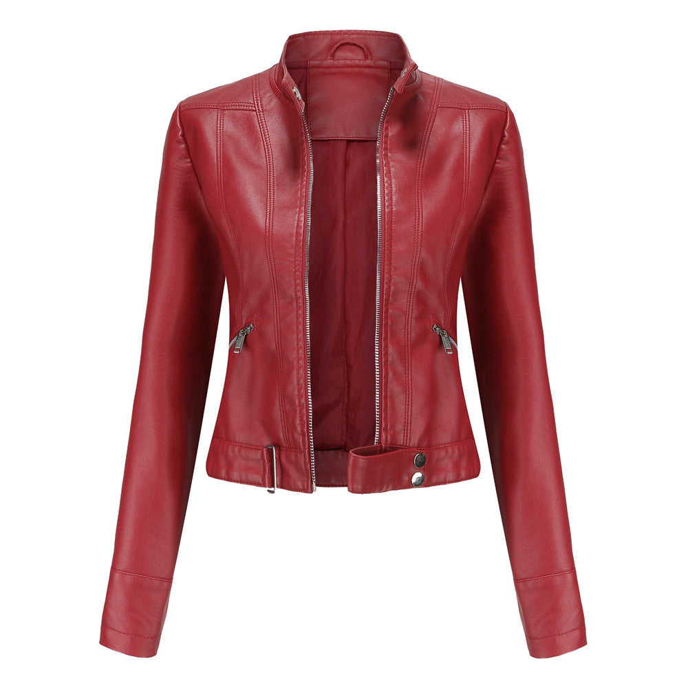 Women's Faux Leather Biker Jacket Stand Collar Zip-Up Fitted Moto