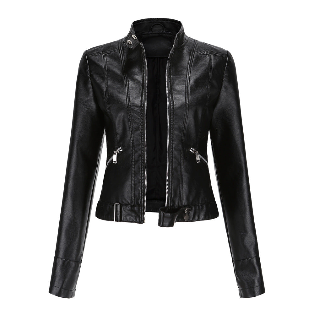 Women's Faux Leather Biker Jacket Stand Collar Zip-Up Fitted Moto