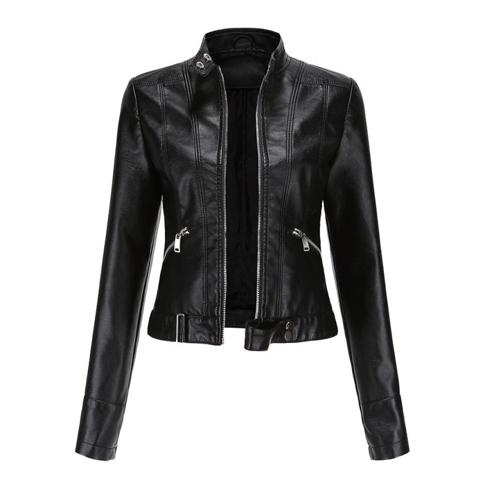 Women's Faux Leather Biker Jacket Stand Collar Zip-Up Fitted Moto