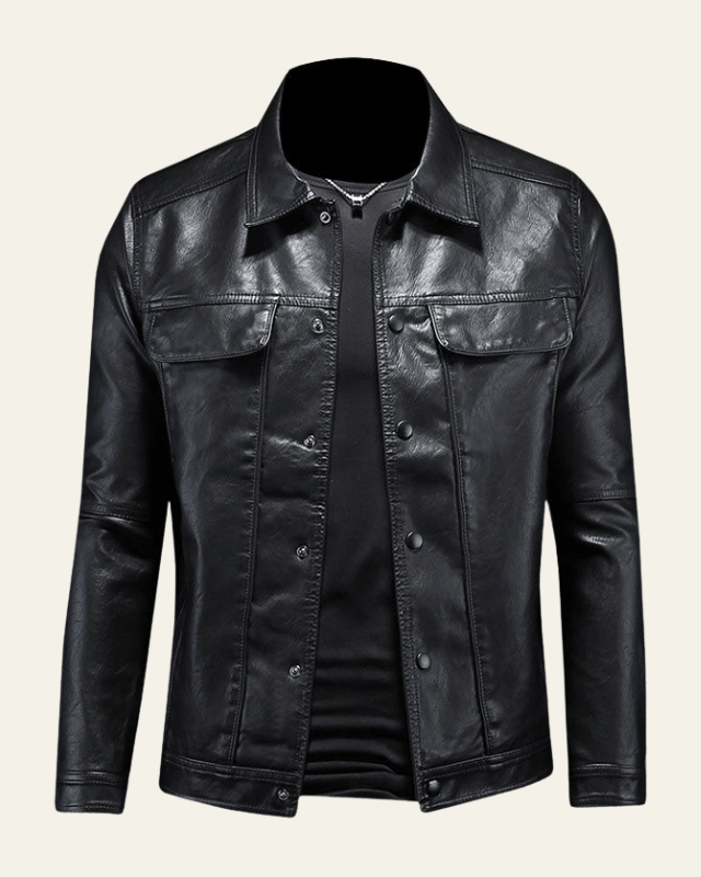 Men's Faux Leather Trucker Jacket Spread Collar Press-Stud Chest-Pocket Biker