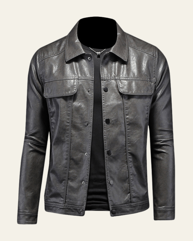 Men's Faux Leather Trucker Jacket Spread Collar Press-Stud Chest-Pocket Biker